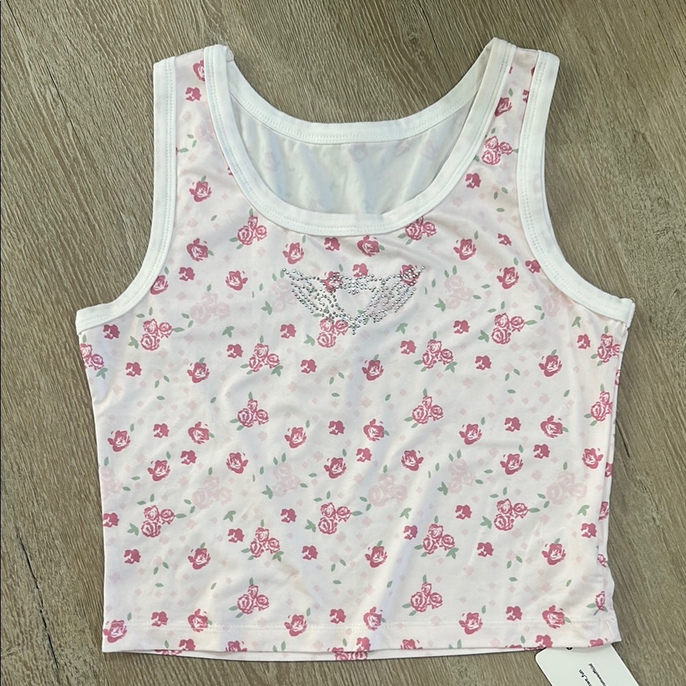 ROMWE White and Pink Floral Tank Top